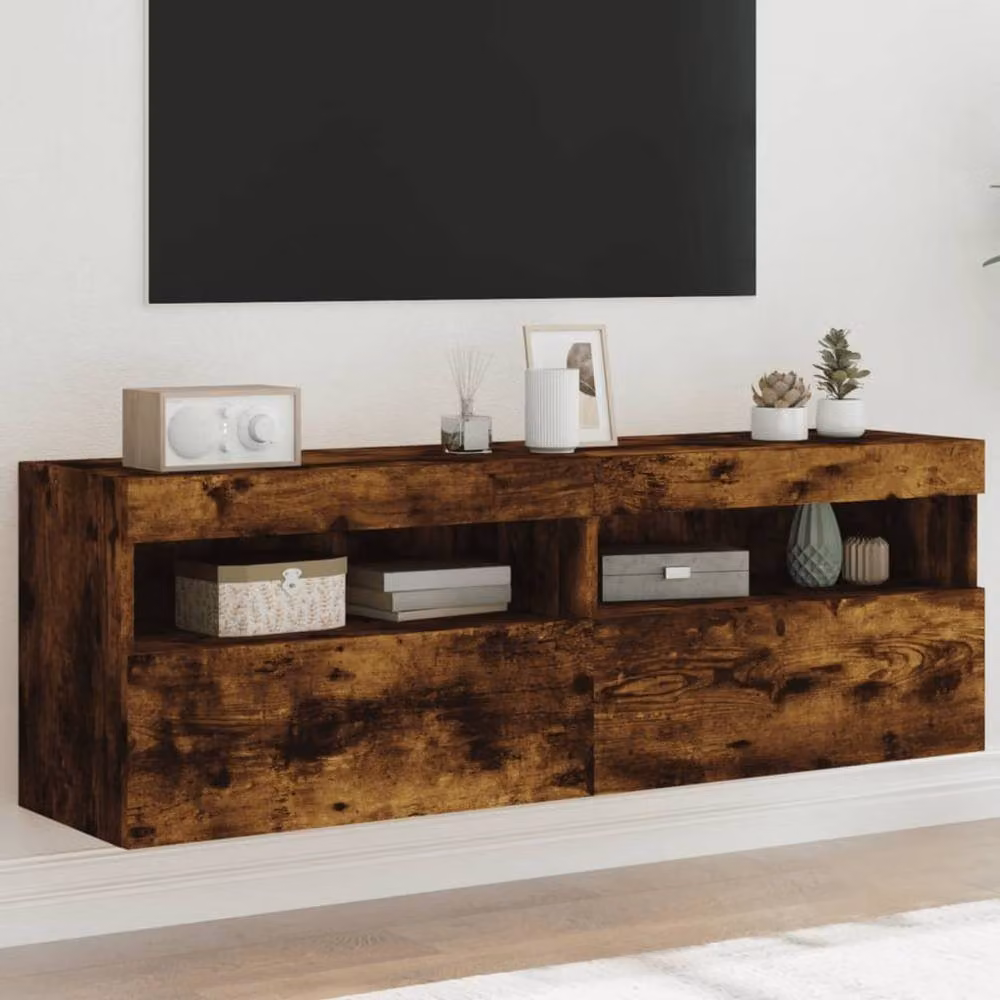Berkfield Home Set of 2 Modern Wall Mounted TV Cabinets with Integrated LED Lights in Smoked Oak Brown, W/D/H: 60 x 30 x 40 cm – 2