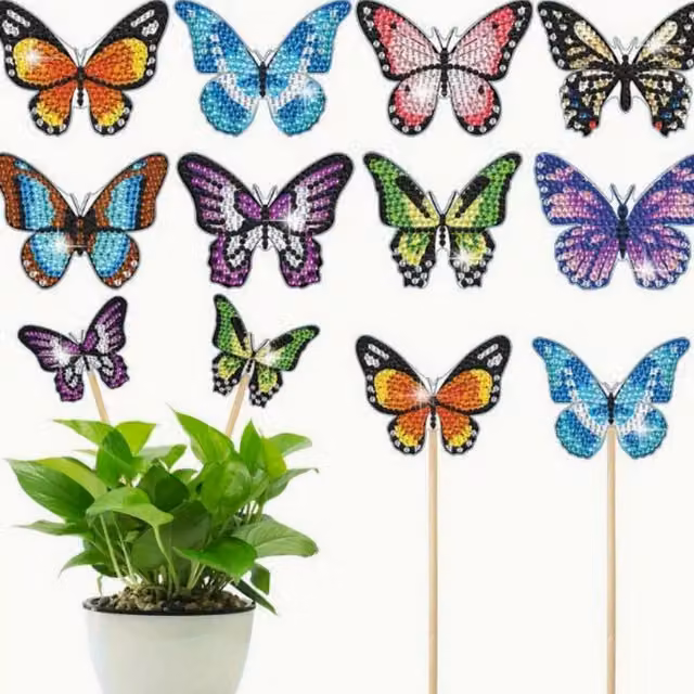 Syntego Set of 8 Butterfly Diamond Art Floral Plant Pot Stakes in Multicolour and Yellow