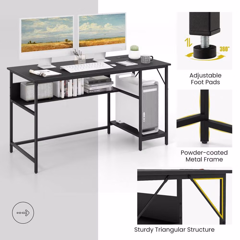 Costway Modern Computer Desk in Black with Charging Station and 4 Power Outlets, W: 140 cm, D: 60 cm, H: 76 cm – 6