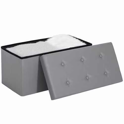HOMCOM Grey PU Leather Storage Ottoman Bench and Folding Footrest Stool, W/D/H: 76 x 38 x 38 cm