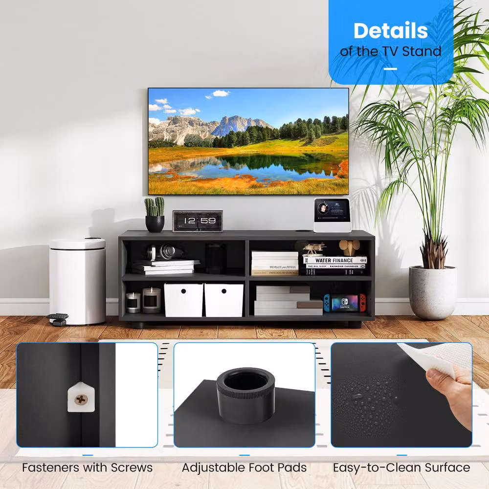 Gymax Modern Black Entertainment Center TV Stand with 4 Compartments, Width: 90 cm – 9
