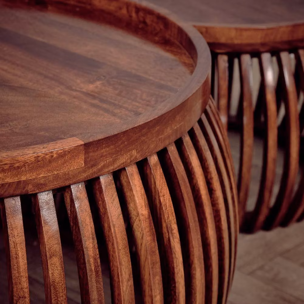 Elm Home And Garden Set of 2 Round Mango Wood Coffee Tables in Brown Medium Oak Finish – 3