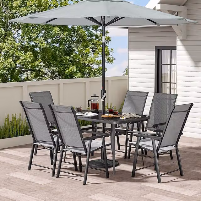 Livingandhome 7 Piece Outdoor Patio Dining Bistro Set in Black with Rectangular Glass Table and 6 Folding Chairs