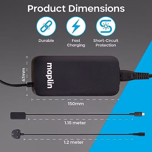 Maplin 100W USB-C Laptop Charger with USB-A Fast Charge Port and 3.35m Cable in Black – 4