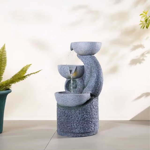 Lifeideas Grey Modern Solar Tiered Bowl Fountain with LED Lights, Diameter: 25 cm