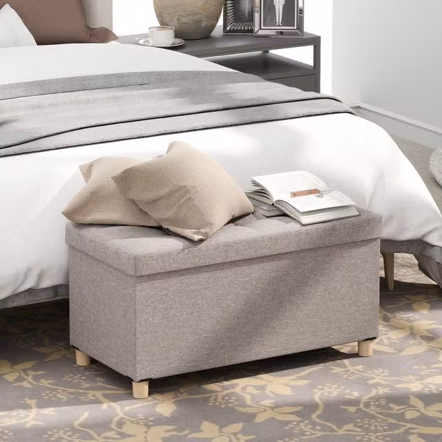 Costway Grey Linen Storage Ottoman Bench