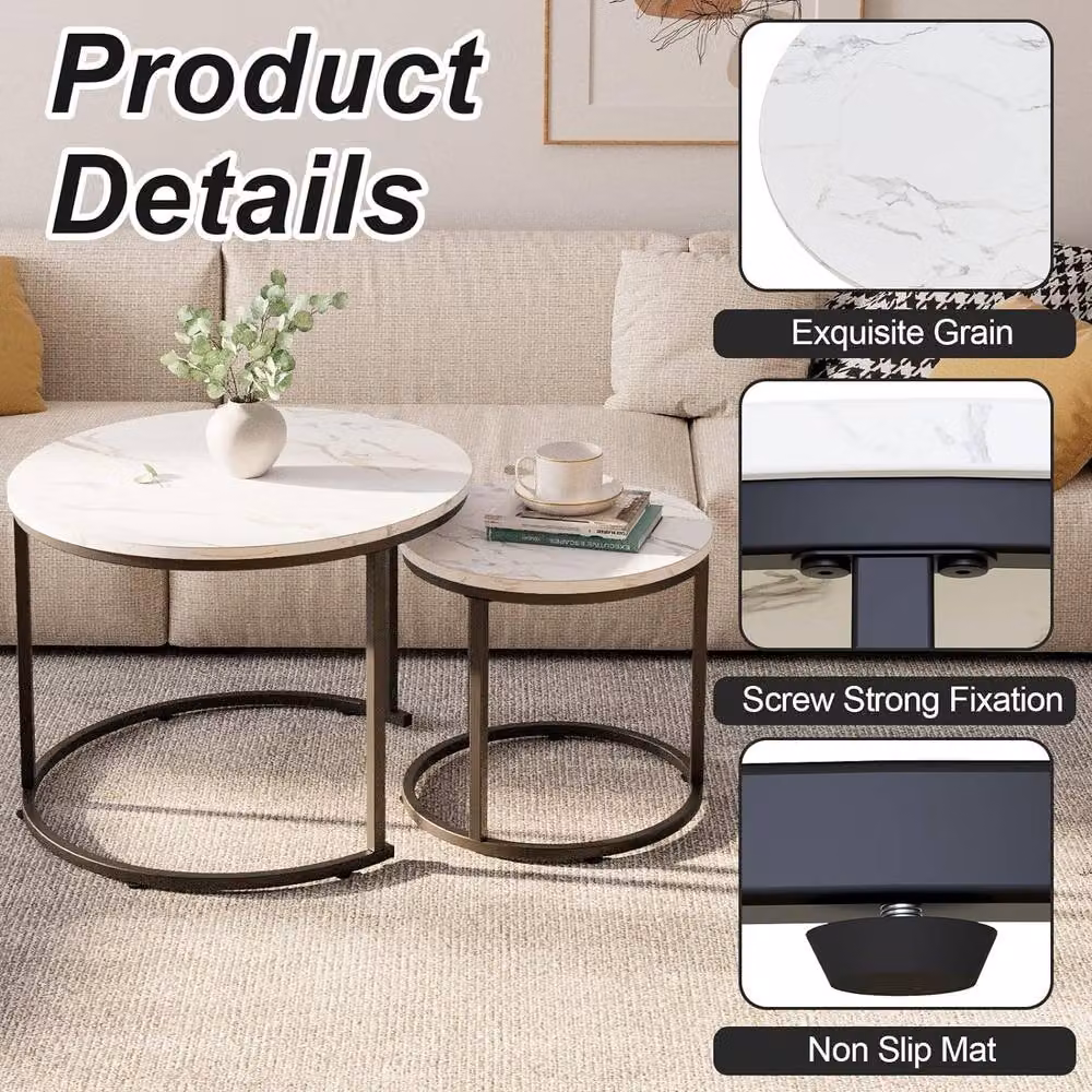 Huhote Set of 2 Round Nesting Coffee and End Tables with White Marble Finish and Metal Frame – 5