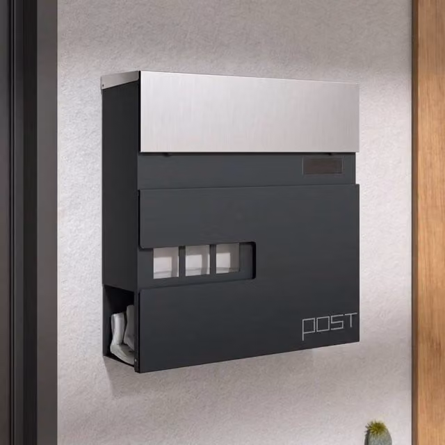 STILVORA Wall-Mounted Stainless Steel Lockable Letterbox with Viewing Window, Grey, W/D/H: 37.0 x 37.0 x 10.5 cm – 1