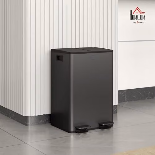 HOMCOM Dual Kitchen Pedal Bin with Soft Close Lids and Odour Filter, Black Stainless Steel, 2 x 28L – 2
