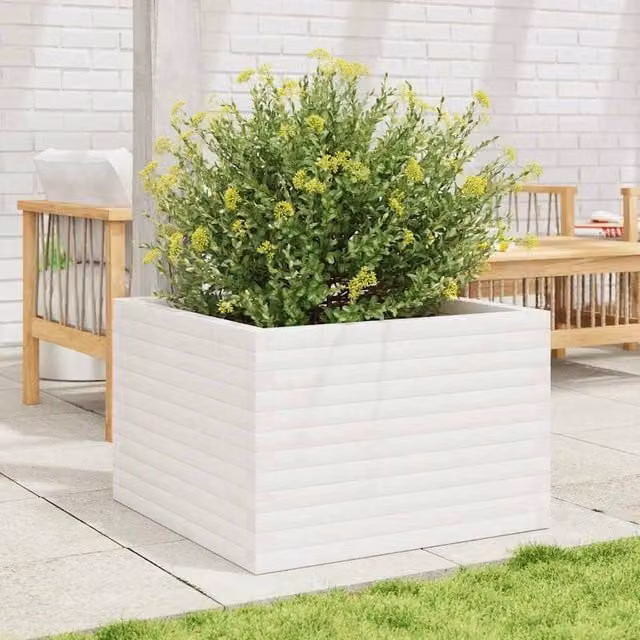 Berkfield Home White Decorative Garden Planter made from Solid Wood, W/D/H: 70 x 70 x 46 cm