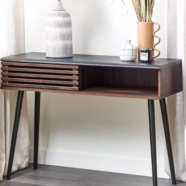 Wyld and Coco Rustic Brown Console Table with Sliding Door Cabinet, W: 110 cm, D: 40 cm, H: 80 cm – 1