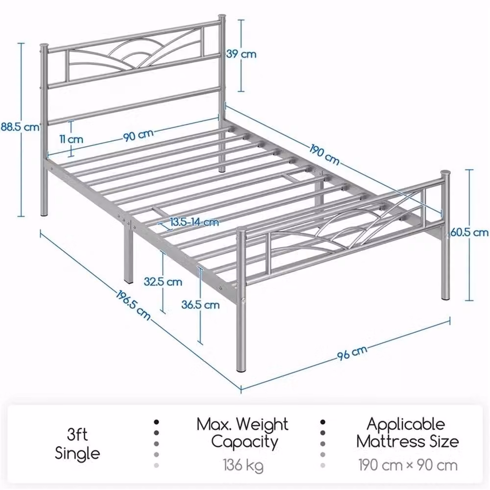 Kelvenix Metal Single Bed Frame in Silver, W/D/H: 90 x 190 cm – 2