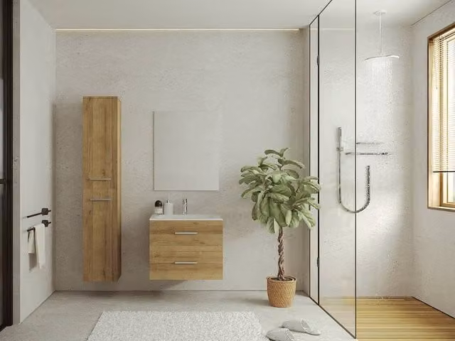Vente-unique Wall-Mounted Bathroom Column with 4 Shelves and Hinged Doors, Light Oak Colour, H 160 x W 30 x D 25 cm – 1