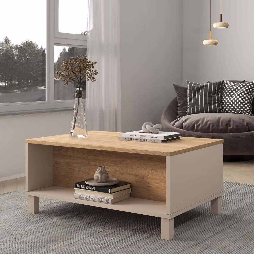 Calicosy Coffee Table with 2 Drawers and 1 Niche in Beige and Oak Finish, W: 90 cm, D: 60 cm, H: 40 cm – 2