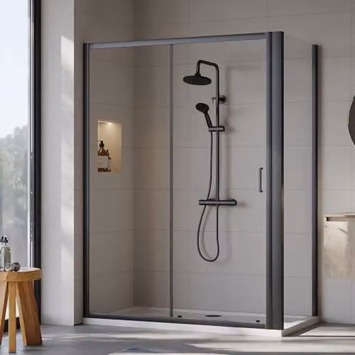 Balterley Sliding Shower Door with Side Panel and Square Tray, 6mm Toughened Safety Glass, Black and White, W/D/H: 140 x 76 x 190 cm – 2