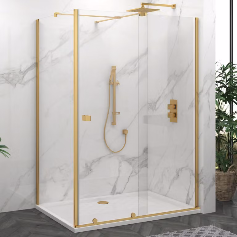 Luton Rectangular Wet Room Sliding Shower Screen Enclosure with Natural Stone Tray, 8mm Easy Clean Glass, Brushed Brass, W: 170 cm, H: 195 cm