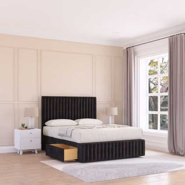 Sloomy Madison Double Divan Bed Base in Black Velvet Fabric, W/D/H: 140 x 200 cm