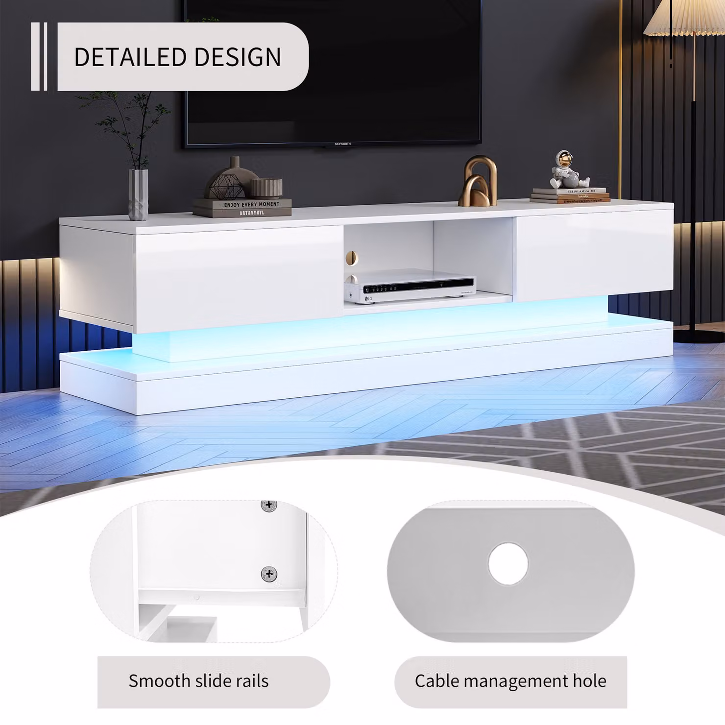 Aosom UK White High Gloss TV Table with 16-Colour LED Lights and 2 Drawers for TVs up to 79 inches – 5