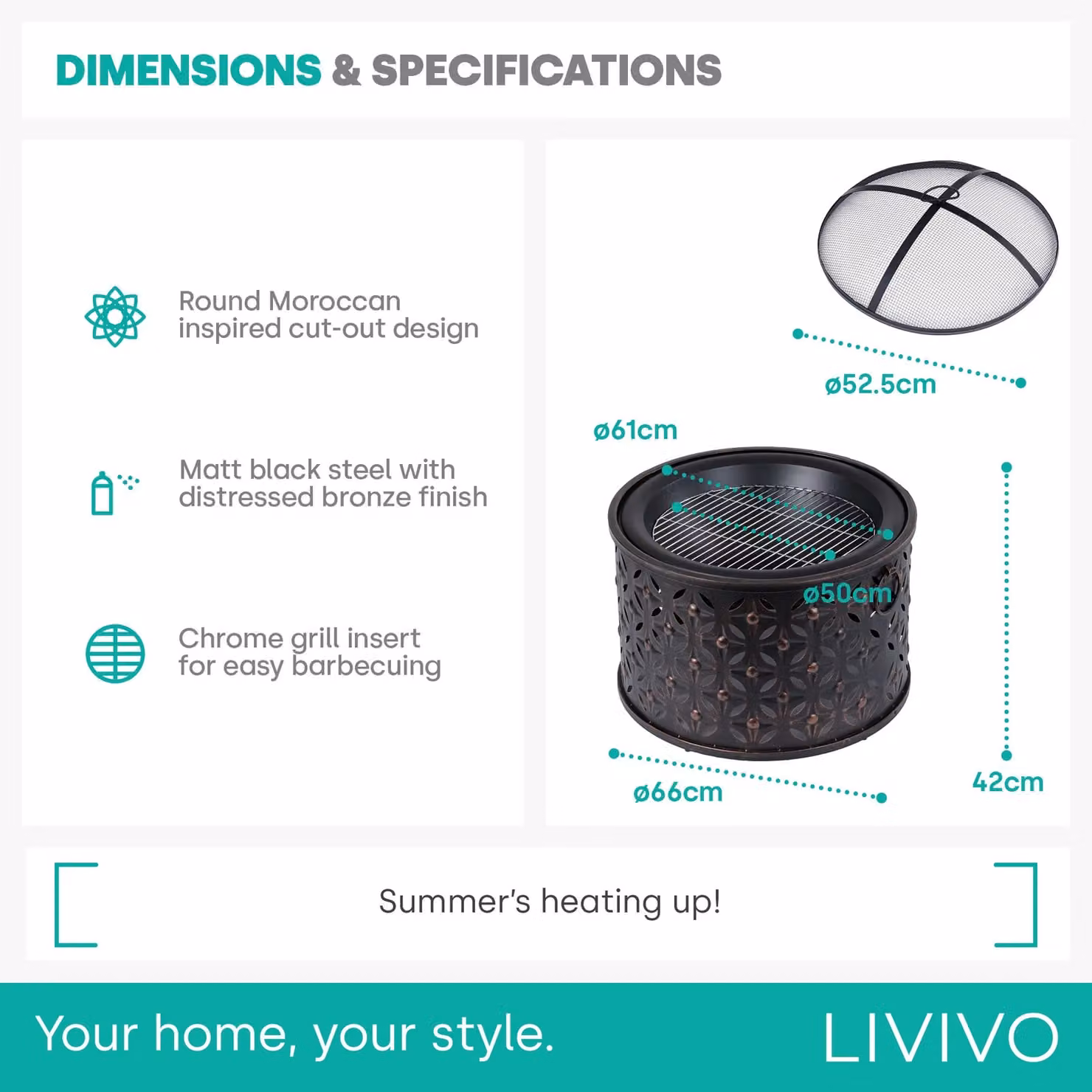 LIVIVO Rombo 2-in-1 Fire Pit and BBQ Grill in Bronze Steel, W/D/H: 66 x 42 x 42 cm – 6