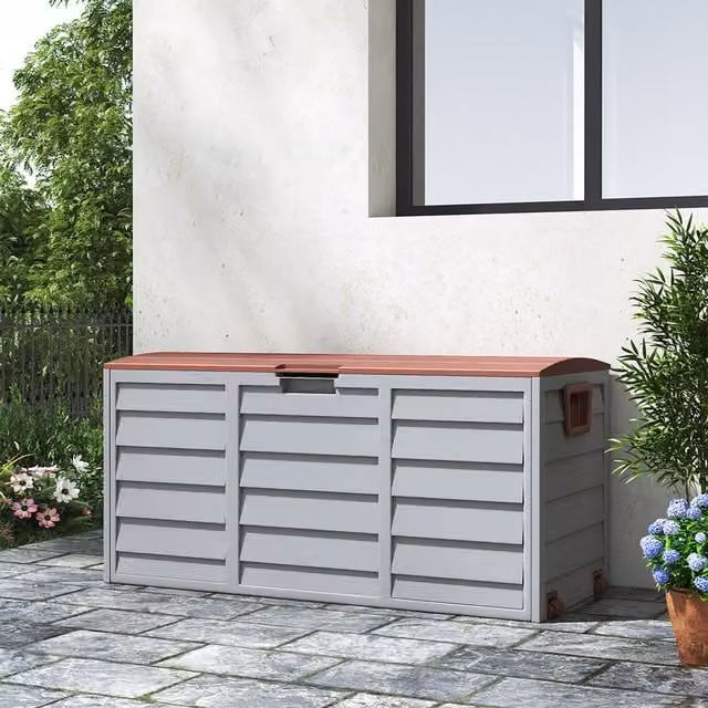 Breeins 290L Plastic Garden Storage Box with Wheels in Grey and Brown