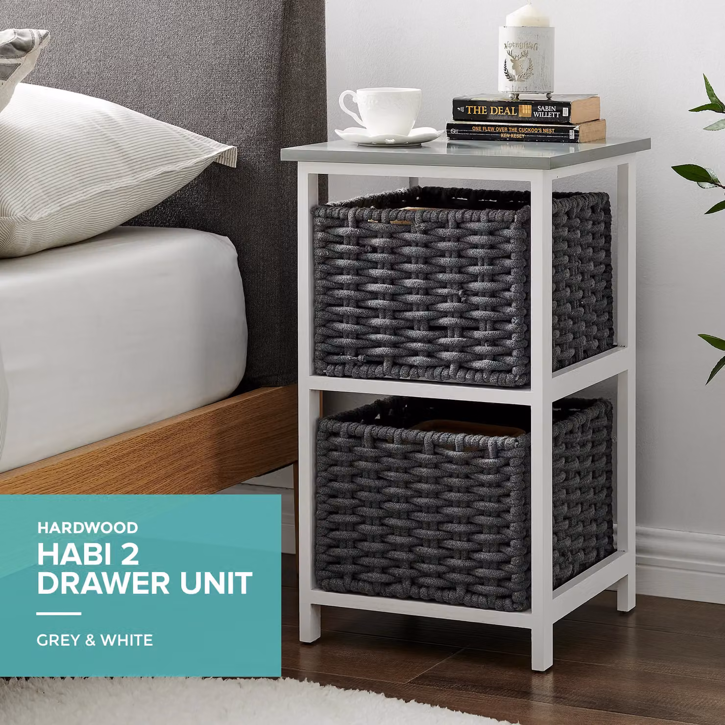LIVIVO Habi Scandi Style 2 Drawer Wooden Storage Shelf Organiser in Black, Grey or White, W/D/H: 36.0 x 37.0 x 63.5 cm – 2