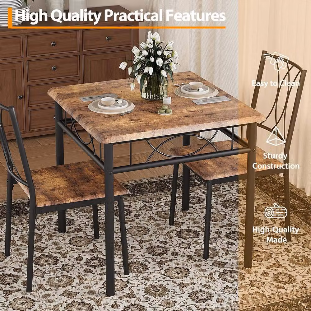 London Boutique 3-Piece Rectangular Dining Table Set with 2 High Back Chairs in Brown – 6