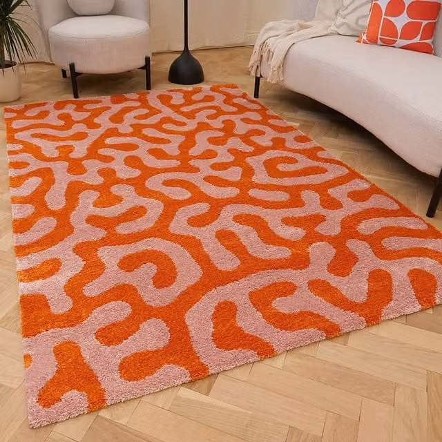 The Rugs Joli Doodle Design Maximalist Abstract Modern Rug in Orange and Pink, 150 cm