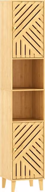 HOMCOM Multi-Storage Bamboo Bathroom Cabinet in Brown with Hinged Doors and Internal Shelves, H: 170 cm, W: 32 cm, D: 14.5 cm – 1