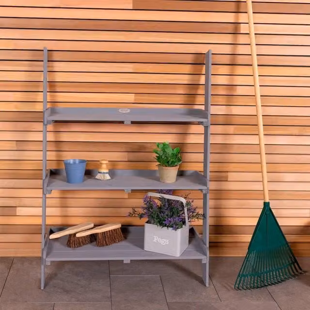 Charles Bentley Grey FSC Wood Wide Ladder Planter with 3 Shelves – 1