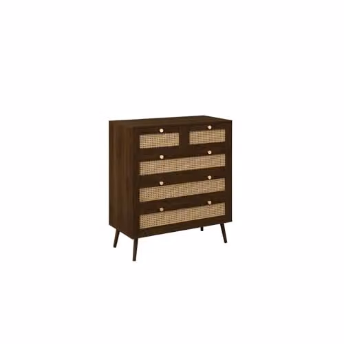 Birlea Croxley 5 Drawer Rattan and Walnut Chest of Drawers in Brown and Gold