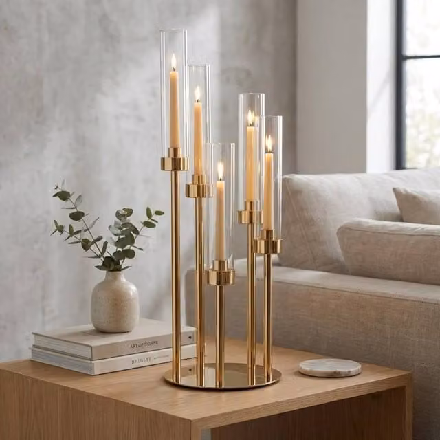 Garden Greatness Multicolour Transparent Tube Glass Candle Holder Centrepiece with Gold Metal Accents