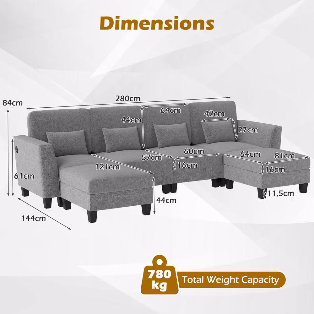 Costway Grey U-Shape Sectional Sofa Set with 2 Ottomans, Reversible Fabric 4-Seater with USB Charging and Removable Covers – 2