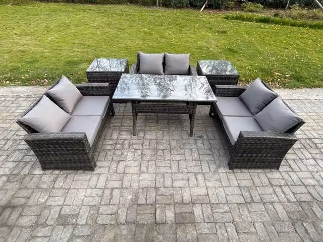 Fimous 6 Seater Wicker PE Rattan Garden Furniture Set with Oblong Dining Table and Double Seat Sofa in Dark Grey
