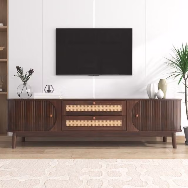 Merax Rattan TV Cabinet with Sliding Doors and Drawers in Brown Walnut – 1