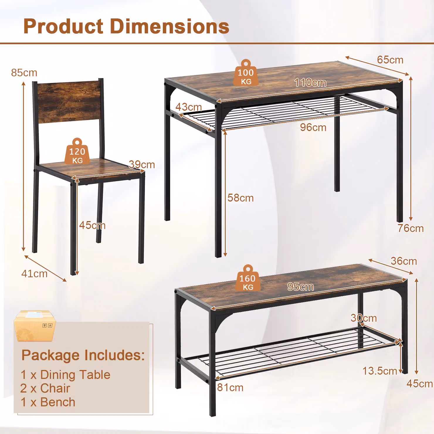 Costway 4-Piece Industrial Dining Set with Rectangular Kitchen Table, Chairs and Bench in Brown – 4