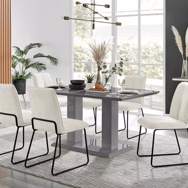 FurnitureboxUK Imperia High Gloss Grey Rectangular Dining Table and 6 Halleyy Cream Upholstered Chairs W/D/H: 150 x 90 x 75 cm