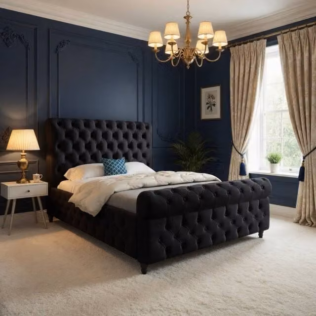Casani Steventon Sleigh Upholstered Designer Bed Frame in Black Soft Velvet, W/D/H: 120 x 119 x 128 cm