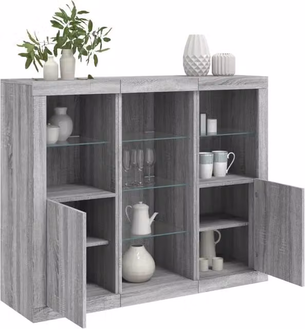 Berkfield Home Set of 3 Modern Grey Sonoma Engineered Wood Sideboards with Integrated LED Lighting – 1