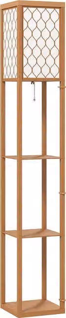 HOMCOM Three-Shelf Standing Floor Lamp in Natural Wood with White Fabric Shade