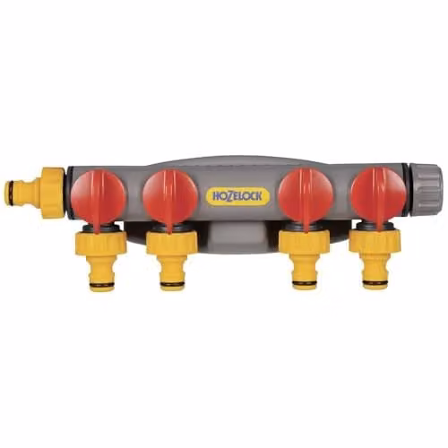 Hozelock 4-Way Tap Connector with Flow Control and Wall Bracket in Grey and Multicolour