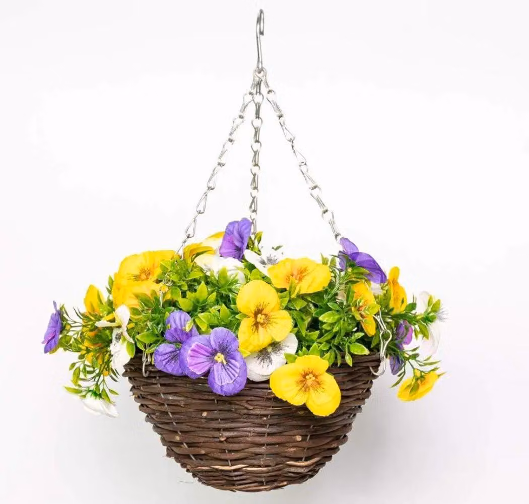 Primrose Pair of Artificial Pansy Flowers in Rattan Hanging Baskets, Yellow, Purple and White, Diameter: 25 cm – 2