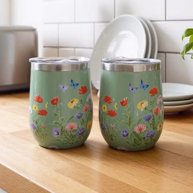 Coopers of Stortford Set of 2 Insulated Stainless Steel Floral Tumblers with Secure Lids in Green – 1