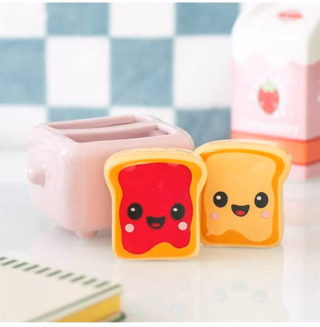 KDMD Kawaii Toast Salt and Pepper Shaker Set with Pink Ceramic Toaster Holder