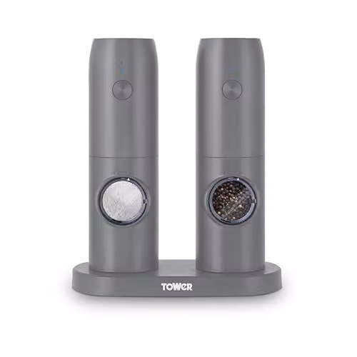 Tower Rechargeable Electric Salt and Pepper Mills with Adjustable Ceramic Grinders in Grey Stainless Steel – 1
