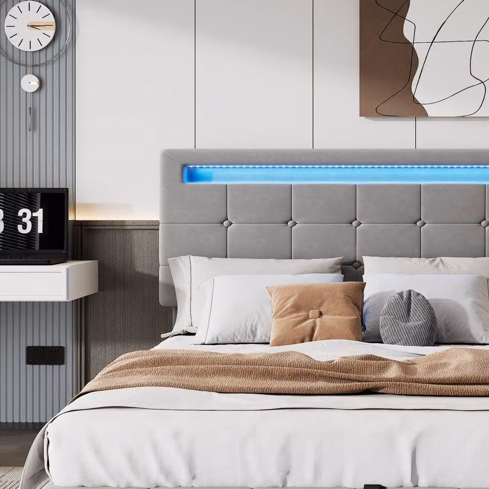 STILVORA Grey Velvet Upholstered Double Bed with Hydraulic Storage and LED Under-Bed Lighting, W/D/H: 140 x 200 x 135 cm – 7