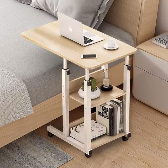 Living and Home 3-tier Height Adjustable Mobile Overbed Desk with Wheels in Beige – 1