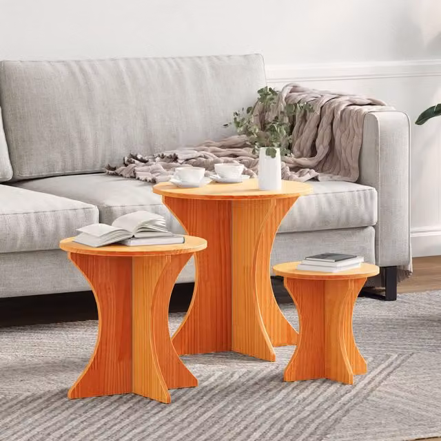 Berkfield Home 3 Piece Nested Coffee Table Set in Waxed Brown Solid Pine Wood