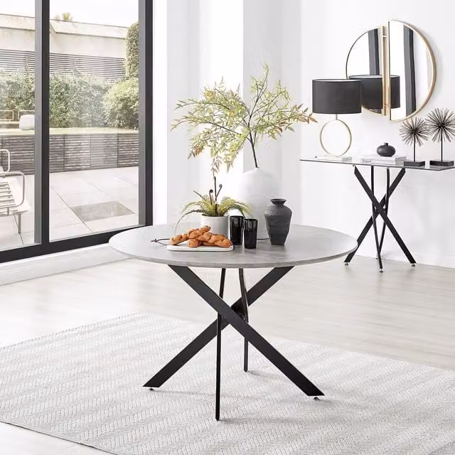 FurnitureboxUK Novara Round 6-Seater Dining Table in Grey with Black Metal X-Frame Legs, Diameter: 120 cm