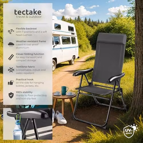 tectake Set of 2 Folding Camping Chairs with Adjustable Backrest and Soft Head Cushions in Anthracite – 4