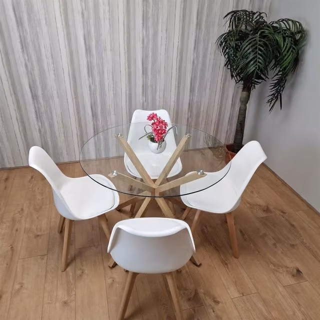 Kosy Koala Modern Round Glass Dining Table and 4 White Chairs Set